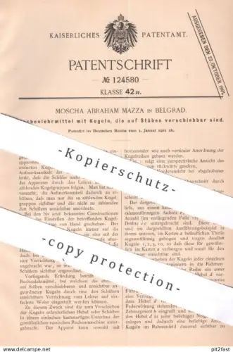 original Patent - Moscha Abraham Mazza , Belgrad , 1901 , Rechenlehrmittel m. Kugeln auf Stäben | Rechenschieber | Mathe