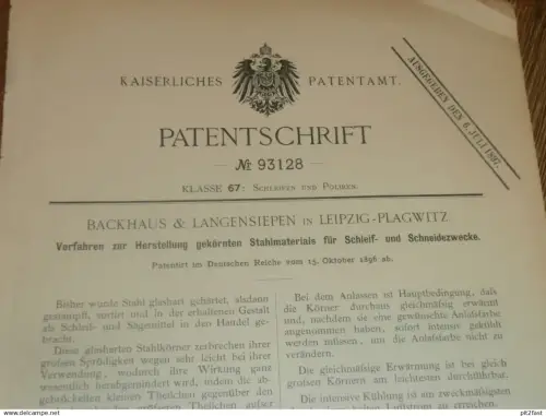 original Patent - Backhaus & Langensiepen in Leipzig Plagwitz , 15.10.1896 , Stahlmaterial zum Schleifen und Schneiden !