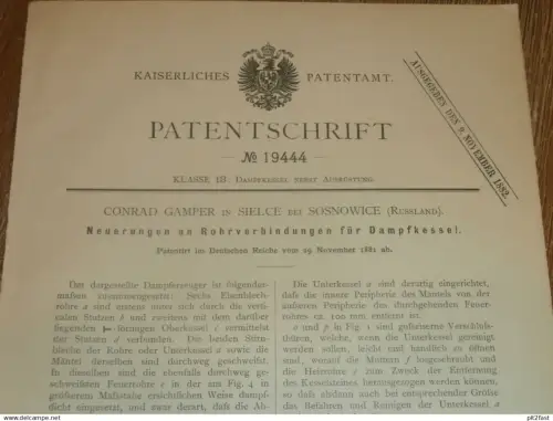 original Patent - Georg Gamper in Sielce b. Sosnowice i. Polen , 29.11.1881 , Apparat für Dampfmaschine , Russland !!