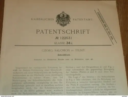 original Patent - Georg Salomon in Tilsit / Sowetsk  in Ostpreussen , 15.11.1900 , Schreibtisch , Möbel , Tischlerei !!