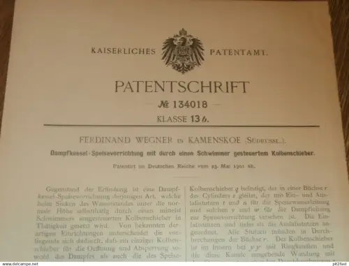original Patent - Ferdinand Wegner in Kamenskoe / Kamjanske in Russland , 23.05.1901 , Apparat für Dampfmaschine !!