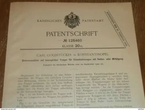 original Patent - Carl Goldstücker in Konstantinopel / Istanbul , 22.09.1900 , Tür für Eisenbahn , Waggon !!!