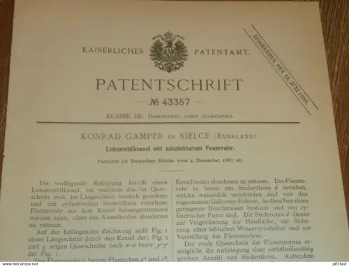 original Patent - Konrad Gamper in Sielce / Polen , 4.12.1887 , Lokomobile mit Feuerrohr , Lokomotive Russland !!!