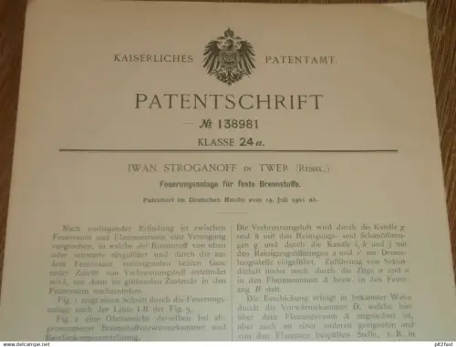 original Patent - Iwan Stroganoff in Twer / Russland , 14.07.1901 , Feuerungsanlage , Heizung , Heizungsbau !!!