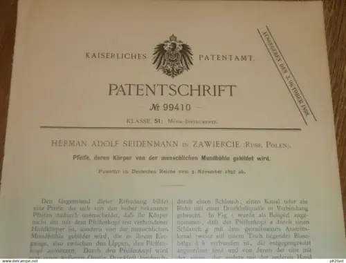 original Patent - Paul Göldner in Zawiercie i. Polen , 3.11.1897 , Pfeife , Musik !!!