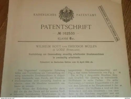 original Patent - Wilhelm Rott und Theodor Müllen in Moskau / Russland , 12.04.1904 , Druckmaschine , Druckerei !!!