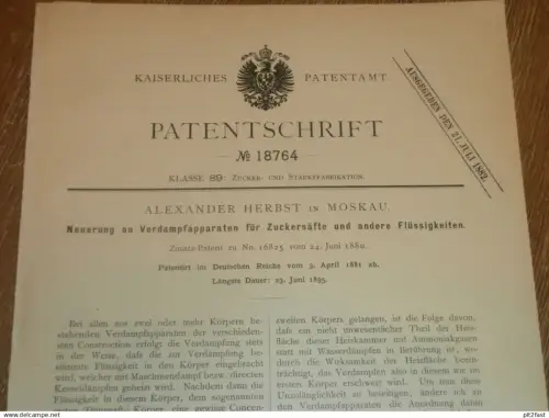 original Patent - Alexander Herbst in Moskau / Russland , 3.04.1881 , Apparat für Zuckerfabrik , Zucker !!!