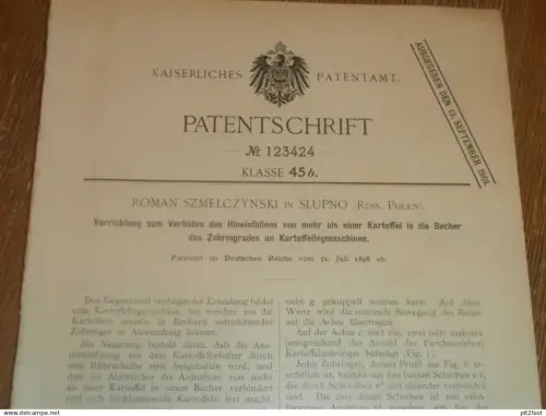 original Patent - Roman Szmelczynski in Slupno i. Polen , 31.07.1898 , Kartoffel-Maschine , Landwirtschaft Masowien !!