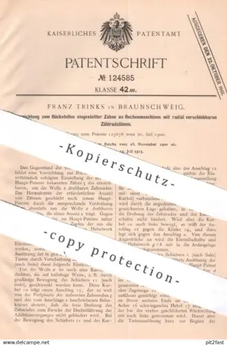 original Patent - Franz Trinks , Braunschweig , 1900 , Zähne an Rechenmaschinen | Zahnrad , Zahnräder | Kasse , Rechner