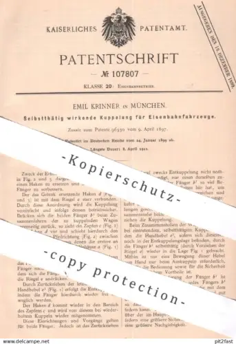 original Patent - Emil Krinner , München | 1899 | Kupplung für Eisenbahnfahrzeuge | Eisenbahn , Bahn , Straßenbahn !!!