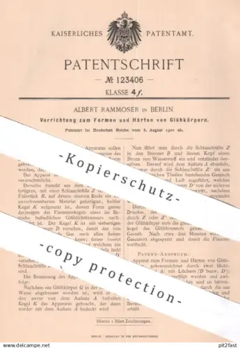 original Patent - Albert Rammoser , Berlin | 1900 | Formen u. Härten der Glühkörper | Glühlampe Lampe Laterne Brenner