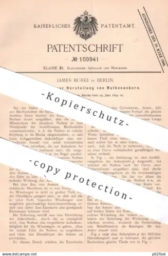 original Patent - James Burke , Berlin , 1899 , Herstellung von Nuthenanker | Blechscheiben für Dyynamoanker | Elektrik