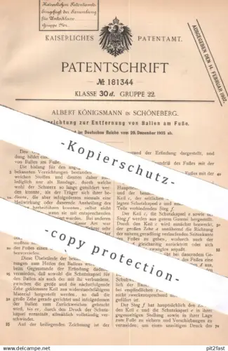 original Patent - Albert Königsmann , Berlin / Schöneberg | 1905 | Fuß - Ballen behandeln | Medizin , Bandage , Pflaster