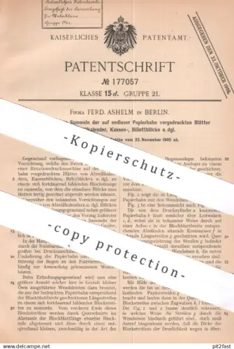 original Patent - Ferd. Ashelm , Berlin , 1905 , Papierblock , Abreißblock , Kalender , Billett , Fahrschein