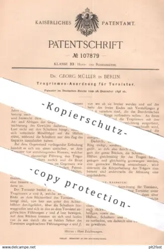 original Patent - Dr. Georg Müller , Berlin , 1898 , Tragriemen für Tornister | Leder , Riemen , Gurt | Ranzen , Tasche