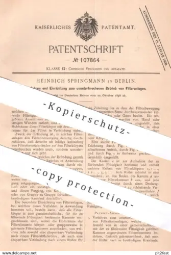 original Patent - Heinrich Springmann , Berlin , 1898 , stetiger Betrieb der Filteranlage | Filter , Filtrieren !!