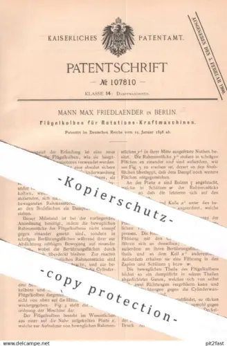 original Patent - Mann Max Friedlaender , Berlin | 1898 | Flügelkolben für Rotations- Kraftmaschinen | Motor , Motoren !