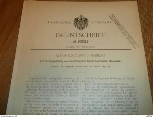 original Patent - Alexis Sokoloff in Moskau / Russland , 21.01.1897 , Manometer für Dampfmaschine !!!