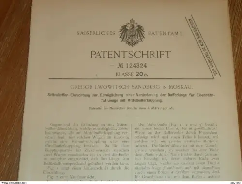 original Patent - Gregor Lwowitsch Sandberg in Moskau / Russland , 8.03.1901 , Buffer für Eisenbahn !!!