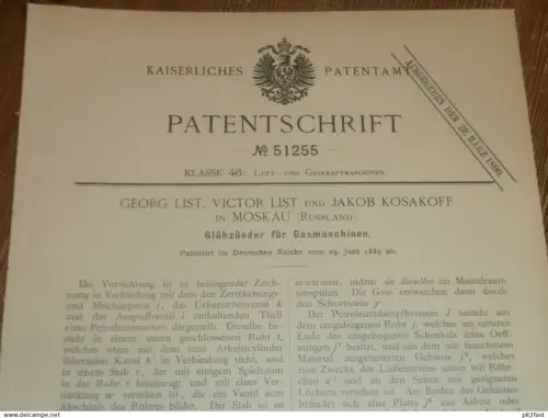 original Patent - Georg List und Jakob Kosakoff in Moskau / Russland , 29.06.1889 , Glühzünder für Gasmotor , Motor !!!