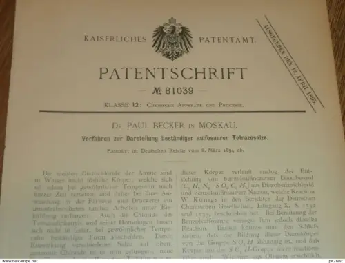 original Patent - Dr. Paul Becker in Moskau / Russland , 8.03.1894, Tetrazosalze , Chemie , Labor , Färberei , Druckerei