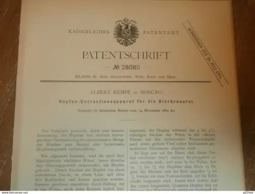 original Patent - Albert Kempe in Moskau / Russland , 14.11.1883 , Apparat für Brauerei , Bier , Hopfen !!