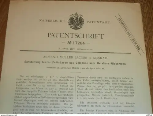 original Patent - Armand Müller Jacobs in Moskau / Russland , 26.04.1881 , Ölsäure - Gyceriden !!