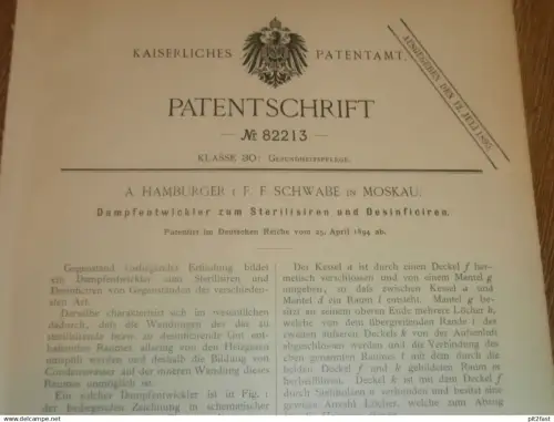 original Patent - A. Hamburger , F. Schwabe in Moskau / Russland , 25.04.1894 , Dampfentwickler , Desinfektion !!