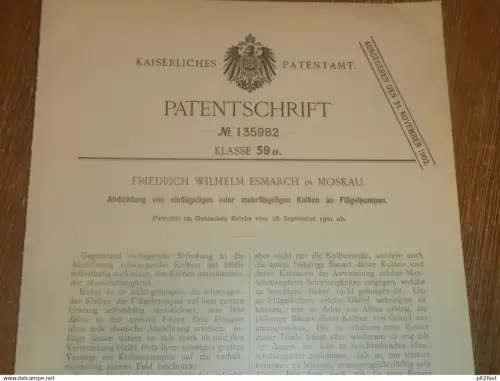 original Patent - Friedrich Wilhelm Esmarch in Moskau / Russland , 28.09.1901 , Flügelpumpe , Pumpe !!