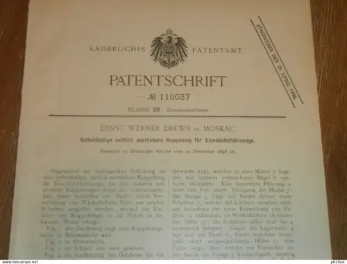 original Patent - Ernst Werner Drews in Moskau / Russland , 30.12.1898 , Kupplung für Eisenbahn !!