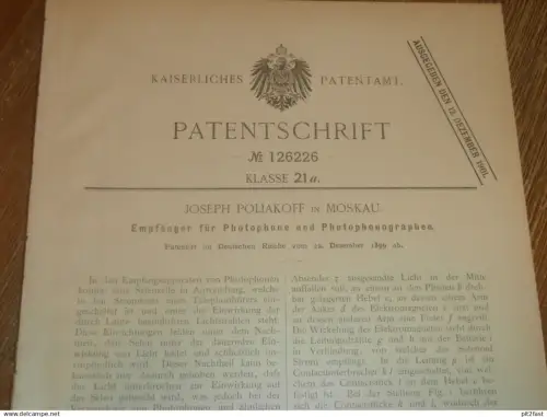 original Patent - Joseph Poliakoff in Moskau / Russland , 22.12.1899 , Photophone , Telephon , Phonograph !!