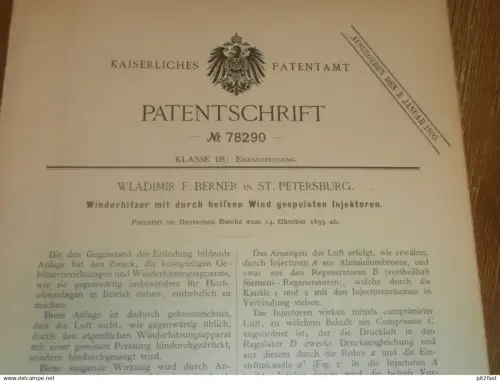 original Patent - Wladimir F. Berner in St. Petersburg / Russland , 14.10.1893 , Winderhitzer , Gebläse !!