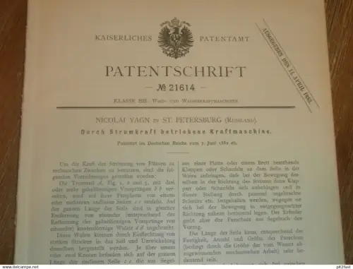 original Patent - Nicolai Yagn in St. Petersburg / Russland , 7.06.1882 , Kraftmaschine , Boot , Motor !!