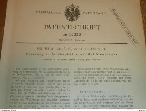 original Patent - Wilhelm Schlüter in St. Petersburg / Russland , 29.06.1881 , Feld-Backofen , Bäckerei , Armee !!!