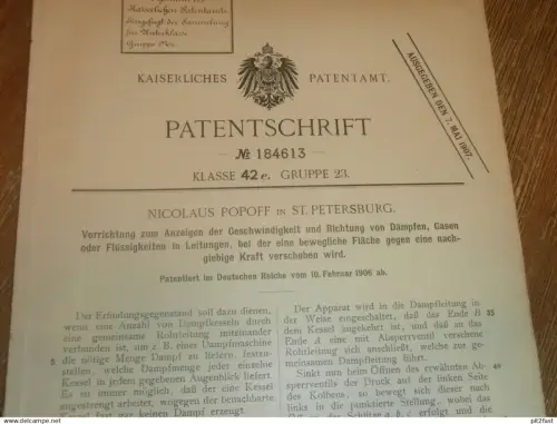 original Patent - Nicolaus Popoff in St. Petersburg / Russland , 10.02.1906 , Geschwindigkeitsanzeiger , Dampfmaschine