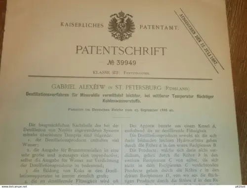 original Patent - Gabriel Alexeew in St. Petersburg / Russland , 23.09.1886 , Mineralöl - Destillation , Öl !!!