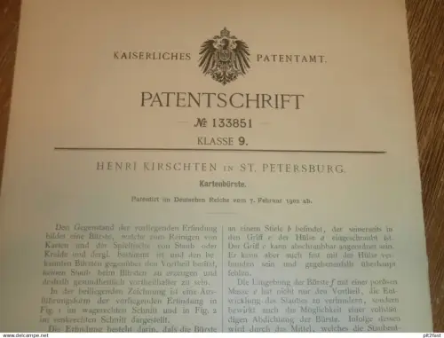 original Patent - Henri Kirschten in St. Petersburg / Russland , 7.02.1902 , Bürste für Spielkarten , Karten !!!