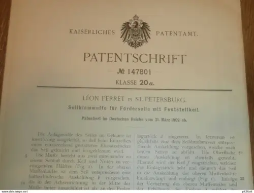 original Patent - Léon Perret in St. Petersburg / Russland , 21.03.1902 , Seil-Klemmuffe ,Seil !!!
