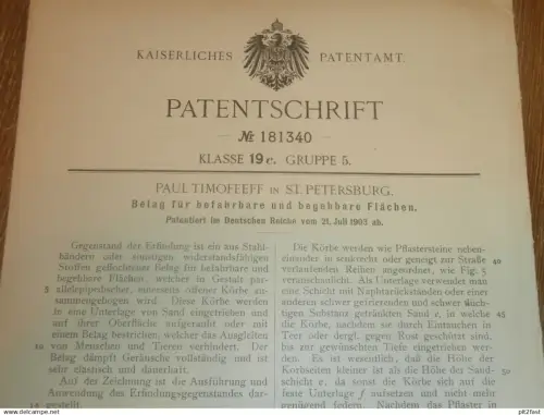original Patent - Paul Timofeeff in St. Petersburg / Russland , 21.07.1903 , Fahrbahn-Belag , Strassenbau !!!