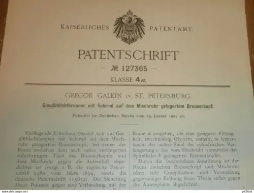 original Patent - Gregor Galkin in St. Petersburg / Russland , 25.01.1901 , Glühlichtbrenner , Glühlampe , Gas !!!