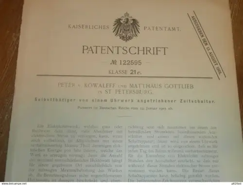 original Patent - Peter von Kowaleff und Matthäus Gottlieb in St. Petersburg / Russland , 23.01.1901 , Uhrwerk !!!