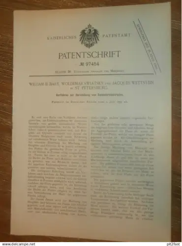 original Patent - Wiliam B. Bary , W. Swiatsky und J. Wettstein in St. Petersburg / Russland , 2.07.1897 , Elektroden !!