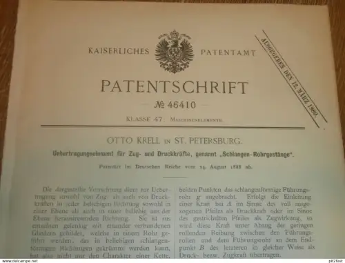 original Patent - Otto Krell in St. Petersburg / Russland , 24.08.1888 , Schlangen-Rohrgestänge , Maschinenbau !!