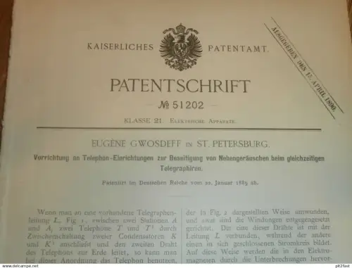 original Patent - Eugene Gwosdeff in St. Petersburg / Russland , 22.01.1889 , Tepegraphie , telegraphy , Telephon !