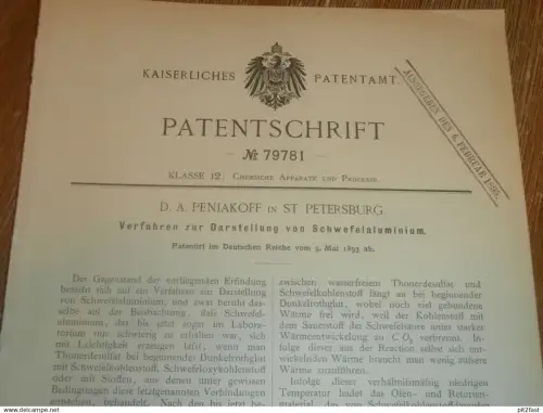 original Patent - D.A. Peniakoff in St. Petersburg / Russland , 9.05.1893 , Schwefelaluminium , Chemie , Labor !!