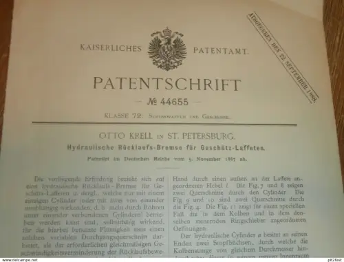 original Patent - Otto Krell in St. Petersburg / Russland , 9.11.1887 , Bremse für Geschütz , Kanone !!
