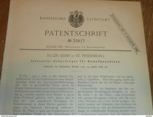 original Patent - Eugen Klein in St. Petersburg / Russland , 24.04.1885 , Dampfmaschine !!!