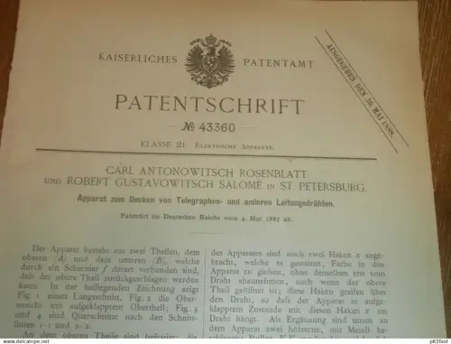 original Patent - Carl Rosenblatt und Robert Salomé in St. Petersburg / Russland , 4.05.1887 , Telegraphie , telegraphy