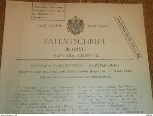 original Patent - Valdemar Taboulevitch in St. Petersburg / Russland , 26.09.1905 , Röhrenkessel , Dampfmaschine !!