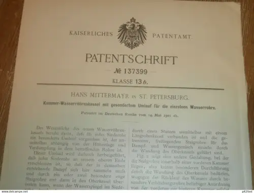 original Patent - Hans Mittermayr in St. Petersburg / Russland , 14.05.1901 , Wasserröhrenkessel , Dampfmaschine !!